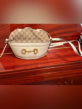 Gucci Beige Canvas & Ivory Leather Horsebit Shoulder Bag